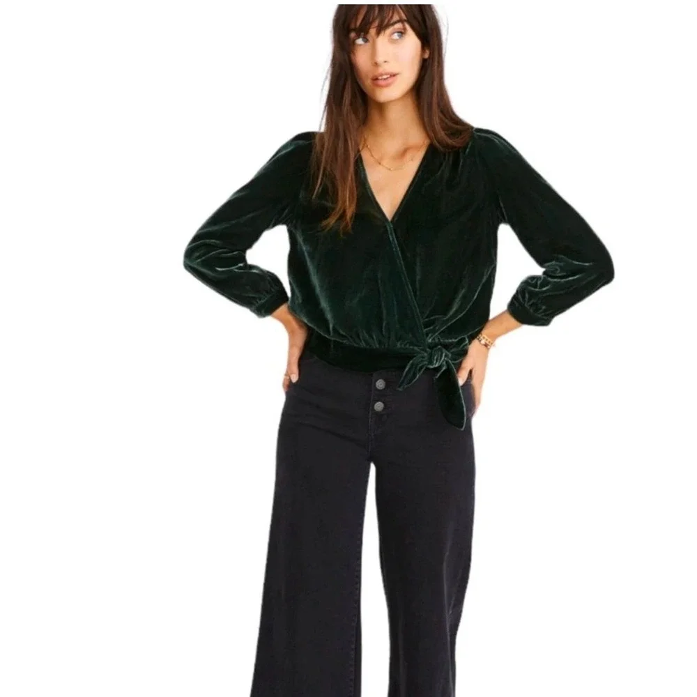 Madewell‎ Womens Velvet Side Tie Wrap Top Dark Green V-Neck Size Medium